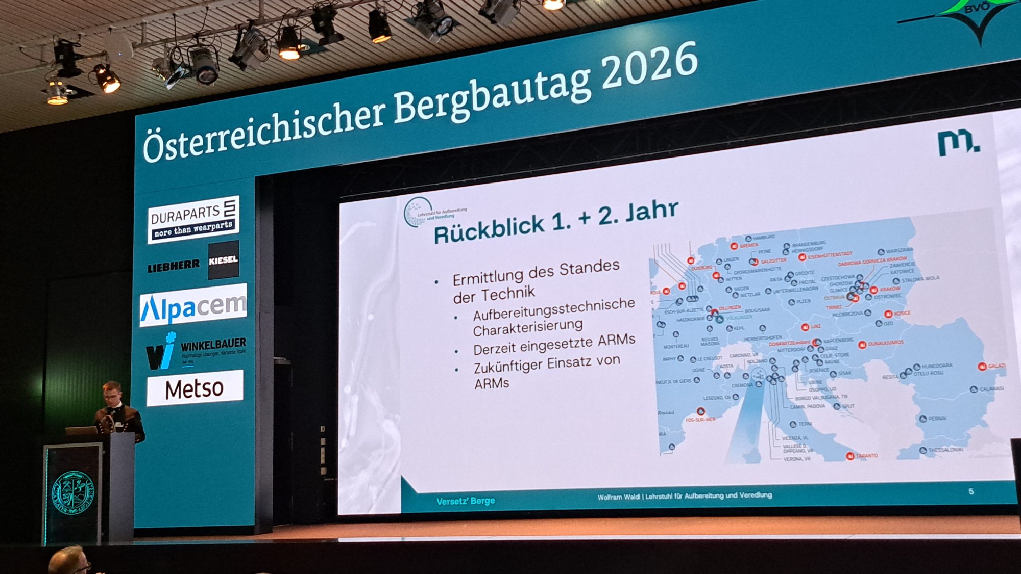 Ein Mann hält einen Vortrag und steht neben einer großen Leinwand